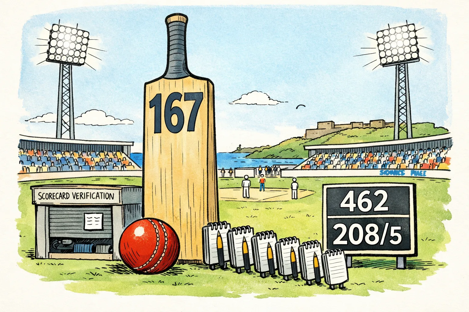 A cricket bat marked 167 stands on a Galle pitch beneath bright stadium lights, while a large official-looking scorecard remains behind a closed service window and a small press notebook reads 'awaiting card'.