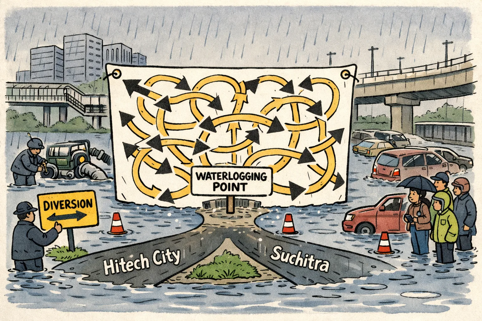 A flooded Hyderabad junction divides toward Hitech City and Suchitra, while a giant looping detour map, traffic cones, a bus and rain-clad officials fill the scene.