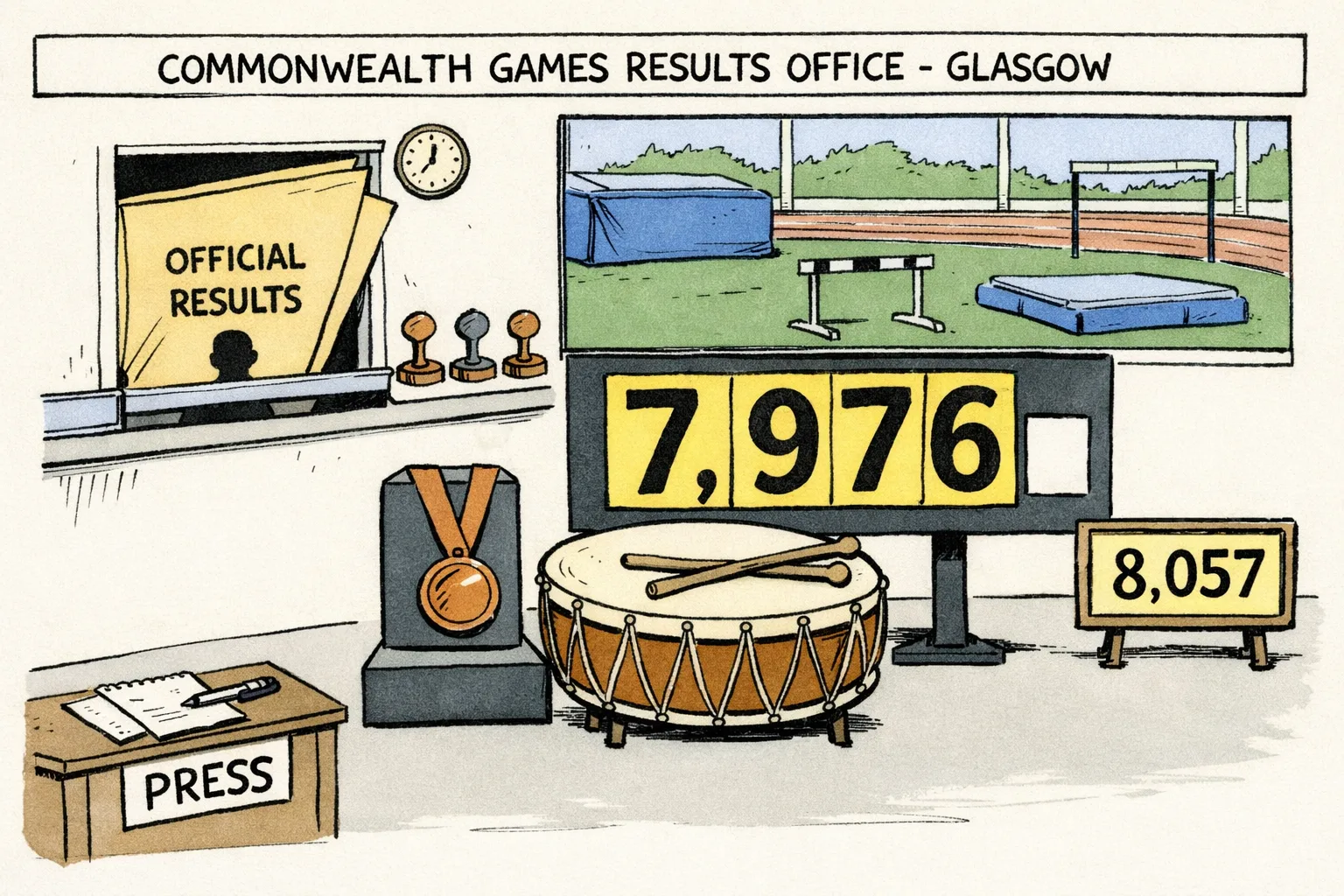 A Telangana newspaper-style cartoon shows a decathlon scoreboard with a bronze medal and a drum waiting beside it, while a large official results file remains stuck behind a half-closed records-office window.