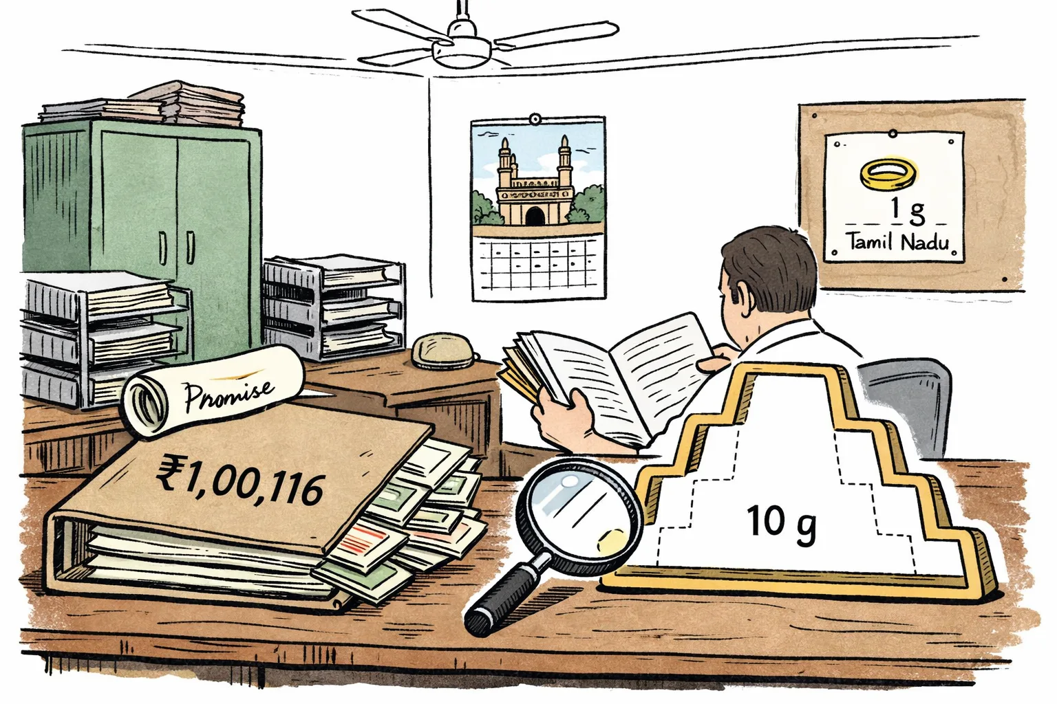 A Telangana-style government office desk holds cash-scheme files and an empty ten-gram gold-bar outline under a magnifying glass, while a notice board behind it shows a single gold ring labelled as Tamil Nadu’s one-gram scheme.