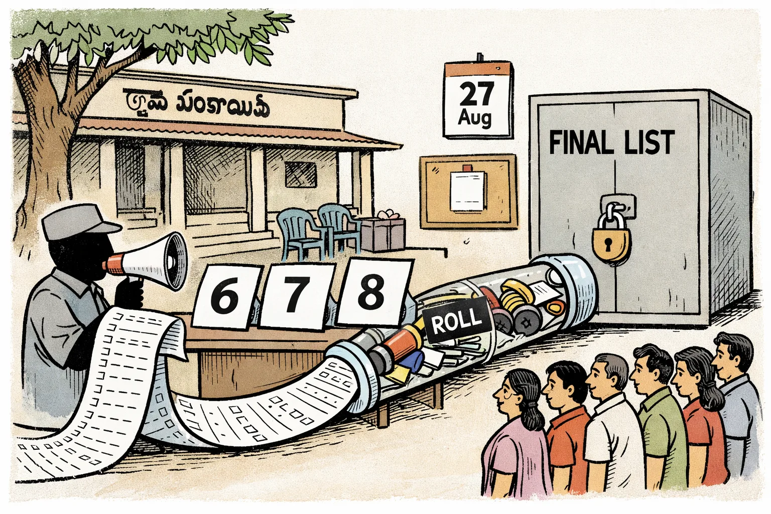 An editorial cartoon outside a Telangana local government building shows an official reading a giant voter list while Forms 6, 7 and 8 move through a clogged pipe toward a locked cabinet marked “FINAL LIST”; voters watch nearby.