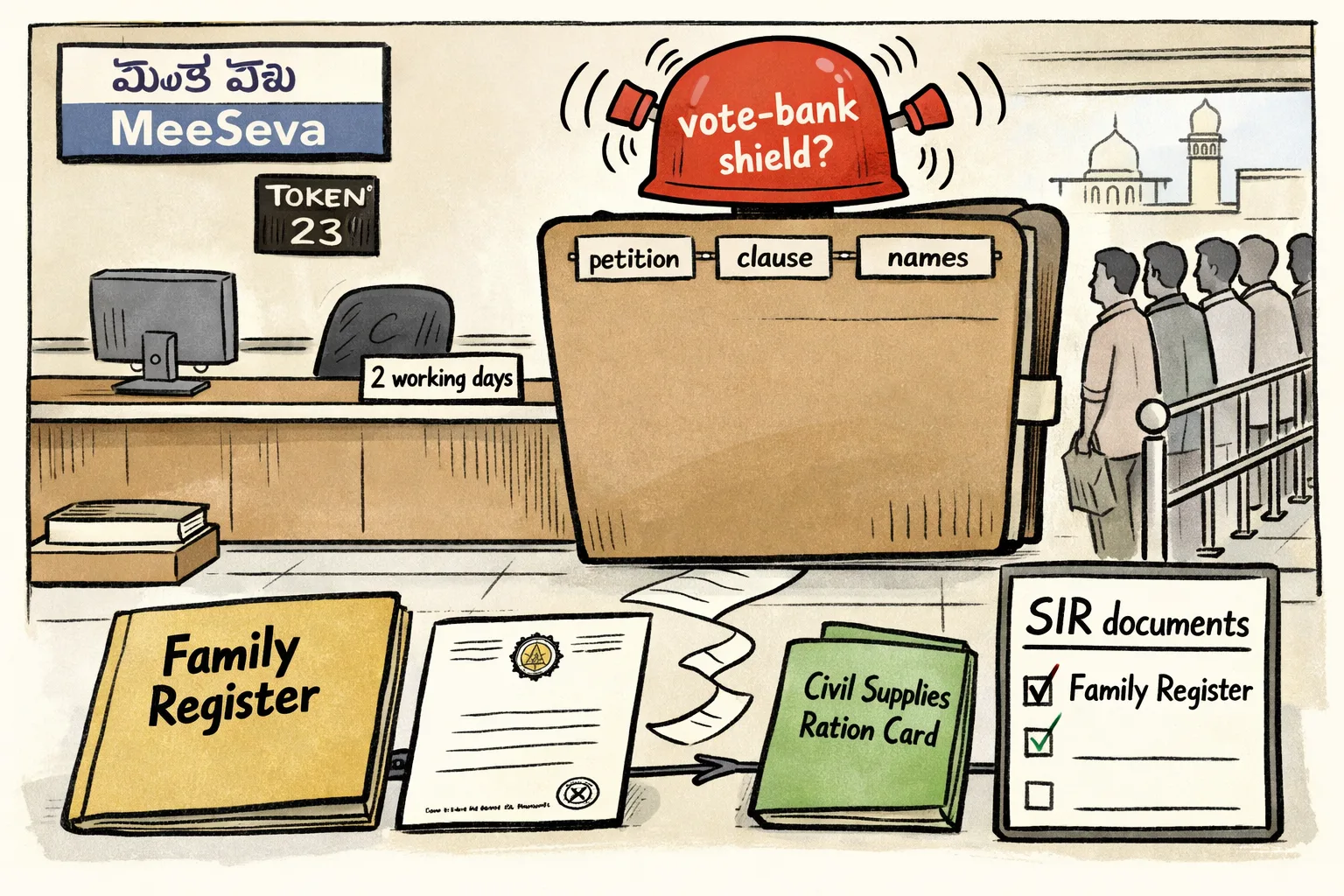 A MeeSeva counter displays a neatly stamped family register certificate beside an Election Commission checklist, while a large speech bubble labelled “illegal vote-bank shield?” floats above an empty evidence file marked “petition, clause, names.”