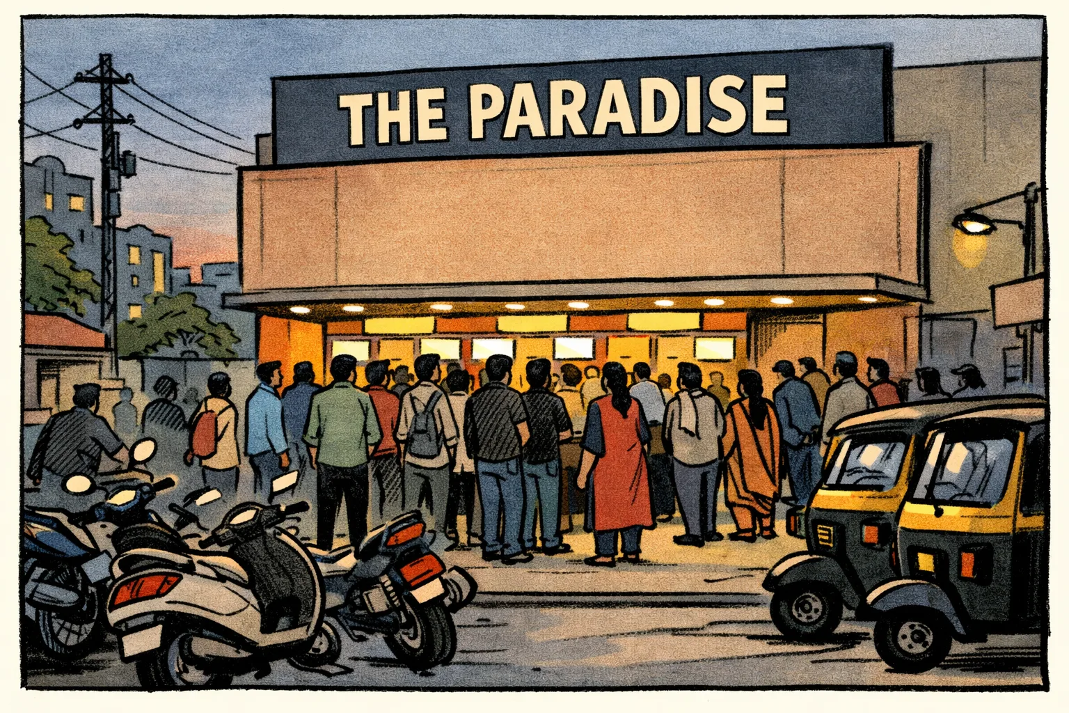 A Hyderabad cinema entrance lit at dusk for a special screening, with a small crowd near the ticket counters and scooters parked outside.