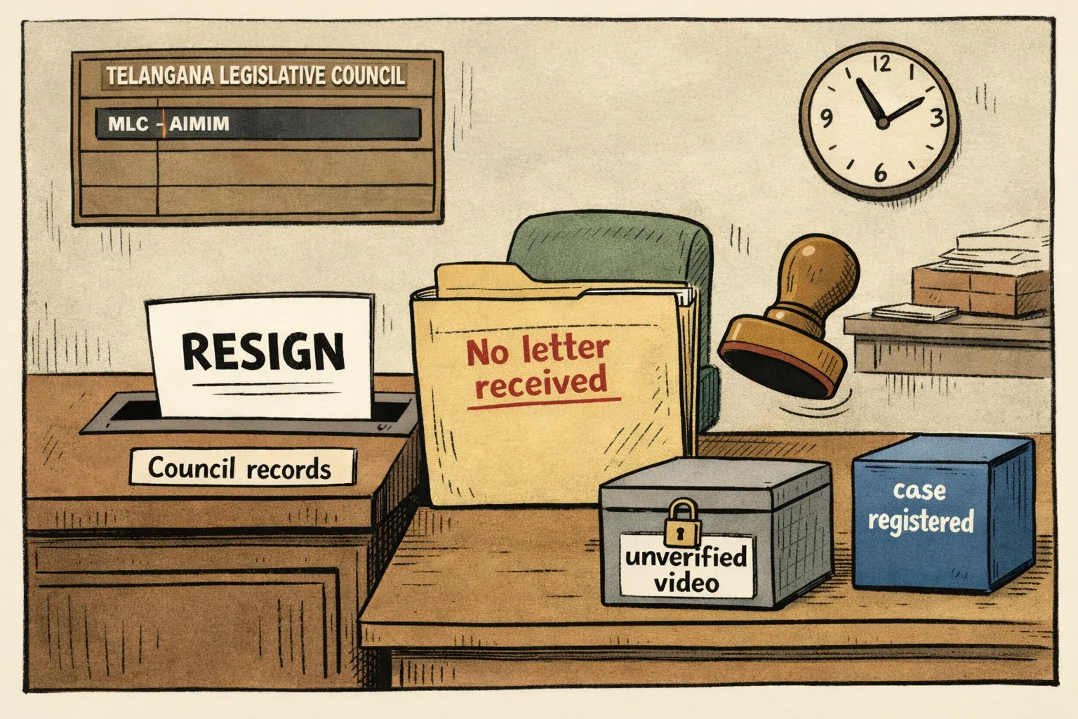 In a Telangana Legislative Council office, a paper ordering someone to resign is stuck halfway in a records slot while an empty file is stamped “No letter received”; separate files for an unverified video and a police complaint sit nearby.