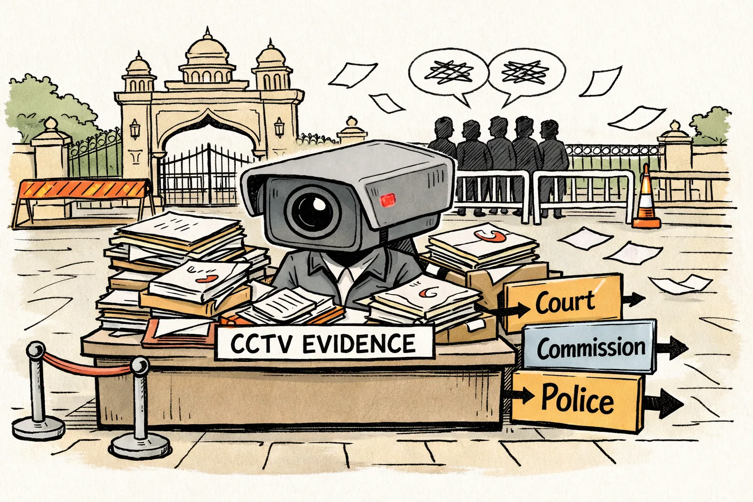An oversized CCTV camera sits behind an evidence counter outside the Telangana Legislative Assembly, surrounded by files and report folders while legislators wait at a barricaded gate.