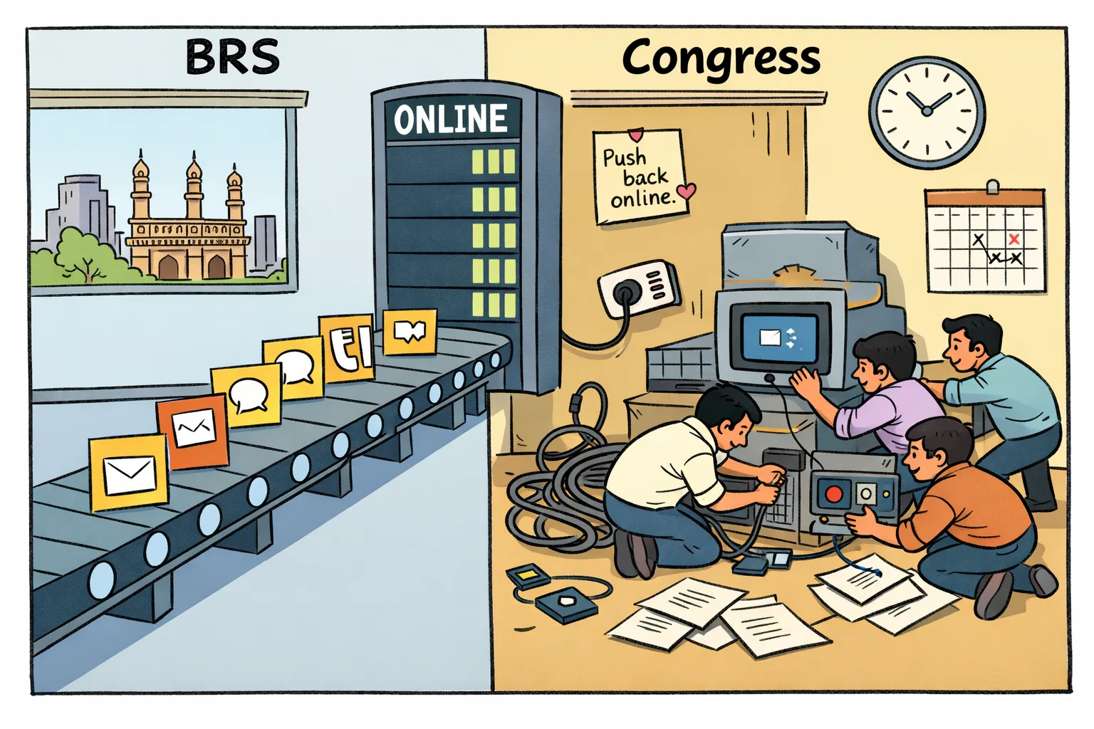 A Hyderabad political communications office shows a smooth BRS message conveyor nearing an online finish line while a tangled Congress social-media machine is being assembled nearby.