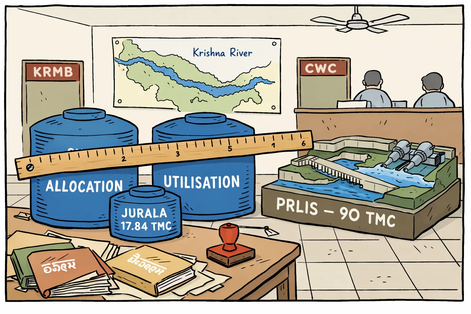 A Telangana government records room cartoon shows a crooked ruler stretched across water tanks labelled allocation, utilisation and Jurala 17.84 TMC, beside a larger PRLIS 90 TMC project model and scattered files.