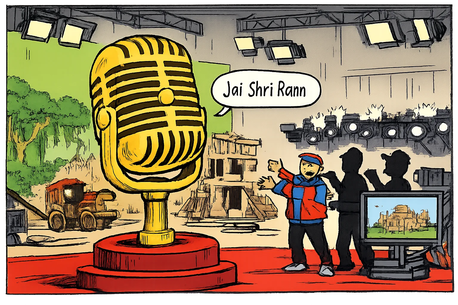A giant microphone with a short greeting dominates a film promotional stage, blocking a half-built mythological movie set while a generic online-video mascot and anonymous production figures pose behind it.