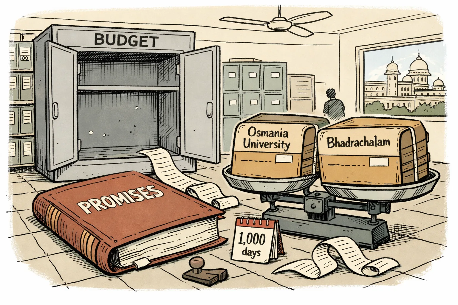 An empty cupboard labelled Budget stands behind a large ledger labelled Promises, while unopened Osmania University and Bhadrachalam files sit on a weighing scale in a Telangana government records room.