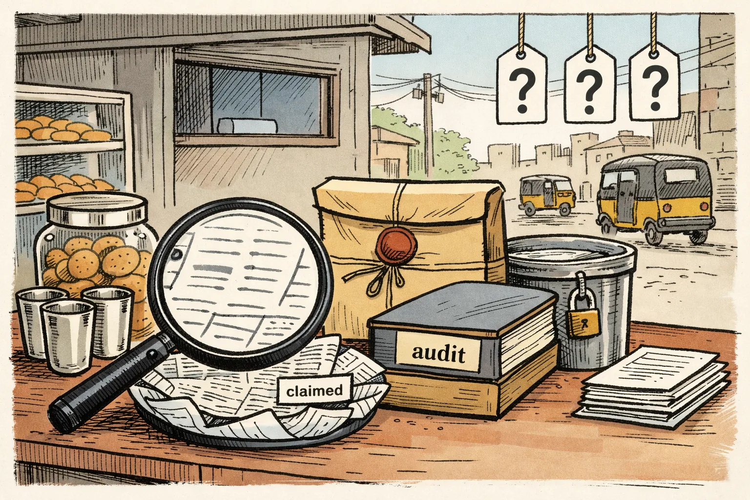 A paper snack plate marked “claimed” sits on a Telangana tea-stall counter beneath a magnifying glass, beside a sealed envelope, an audit file and question-mark tags.
