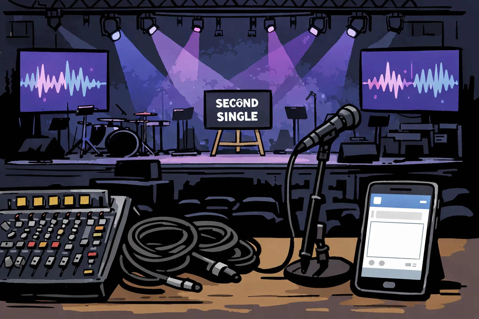An empty concert stage with blue and purple lights, a microphone stand and audio equipment, with a phone showing a blank social-media post draft in the foreground.