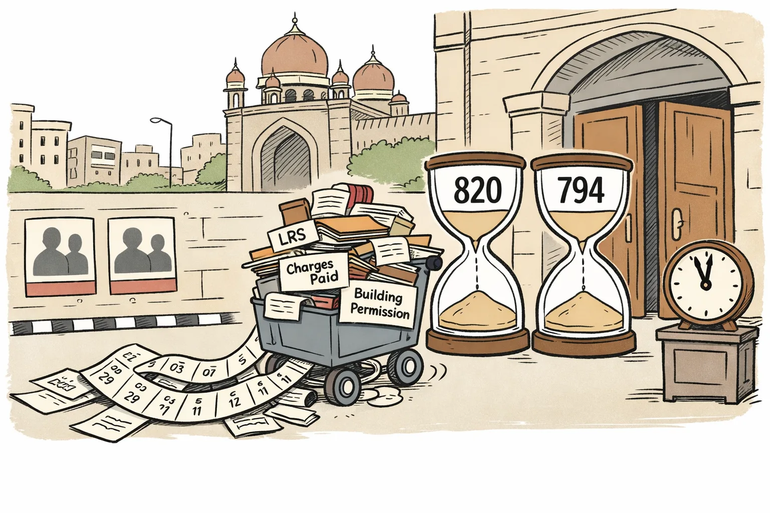 A late municipal trolley loaded with approval folders approaches a courthouse beside two empty hourglasses marked 820 days and 794 days.
