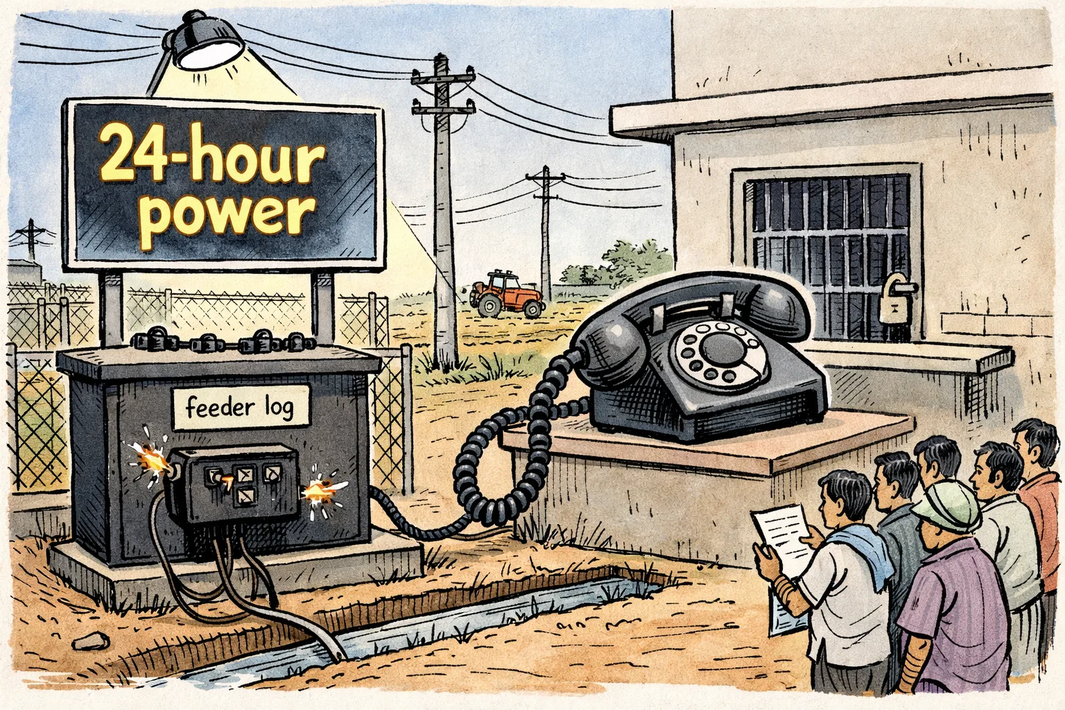 At a Siddipet electricity sub-station, a brightly lit sign promising 24-hour power hangs above a dark feeder switchboard, while farmers wait with a representation beside a large complaint telephone.