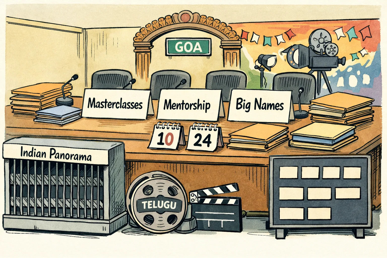 A government film-festival planning table piled with promise folders faces a closed Indian Panorama counter, while a Telugu film reel waits beside blank selection slots.