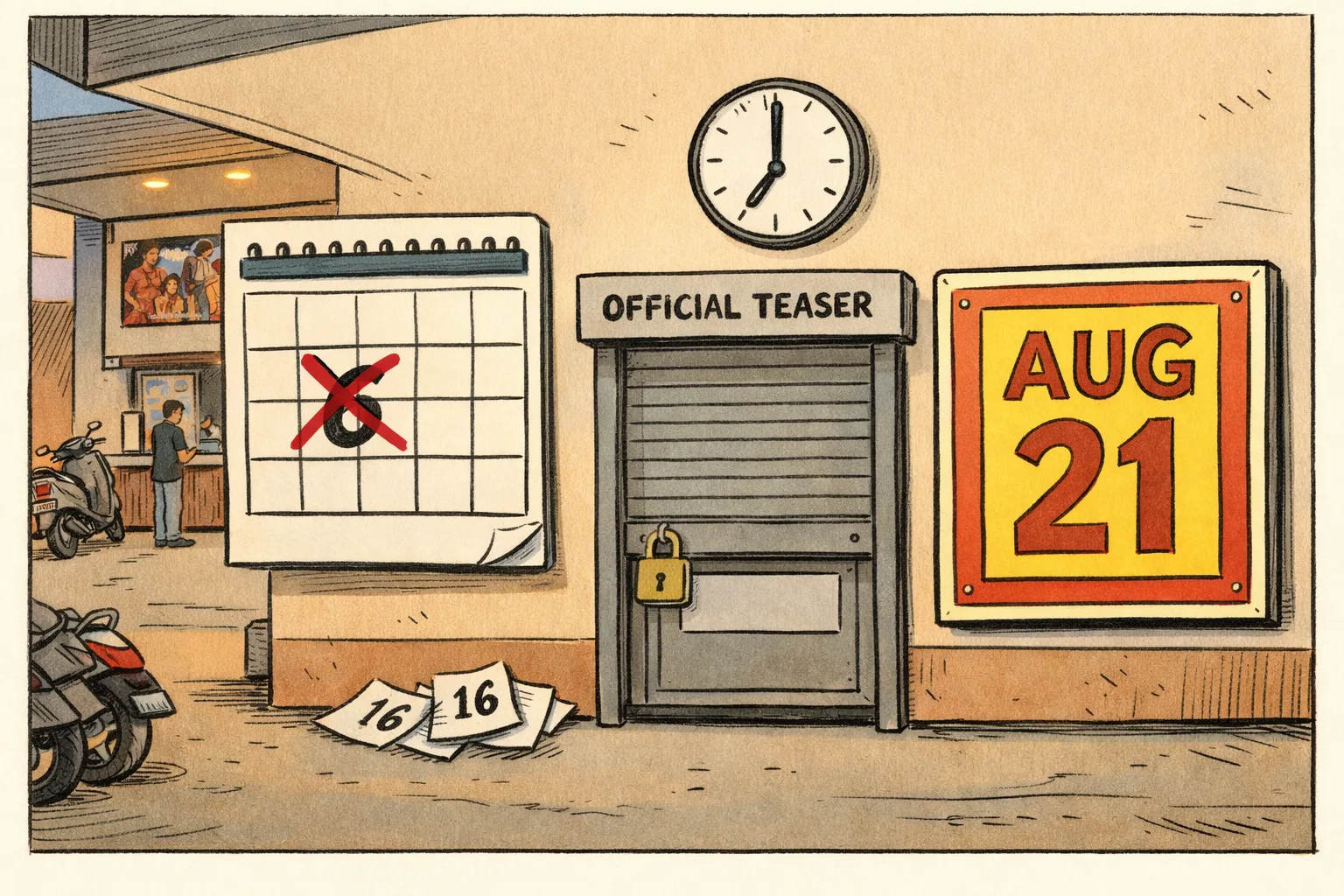 A wall calendar in a Hyderabad cinema street shows August 6 crossed off, while a locked teaser-upload door sits beside a large poster board marked with the film’s announced August 21 release date.