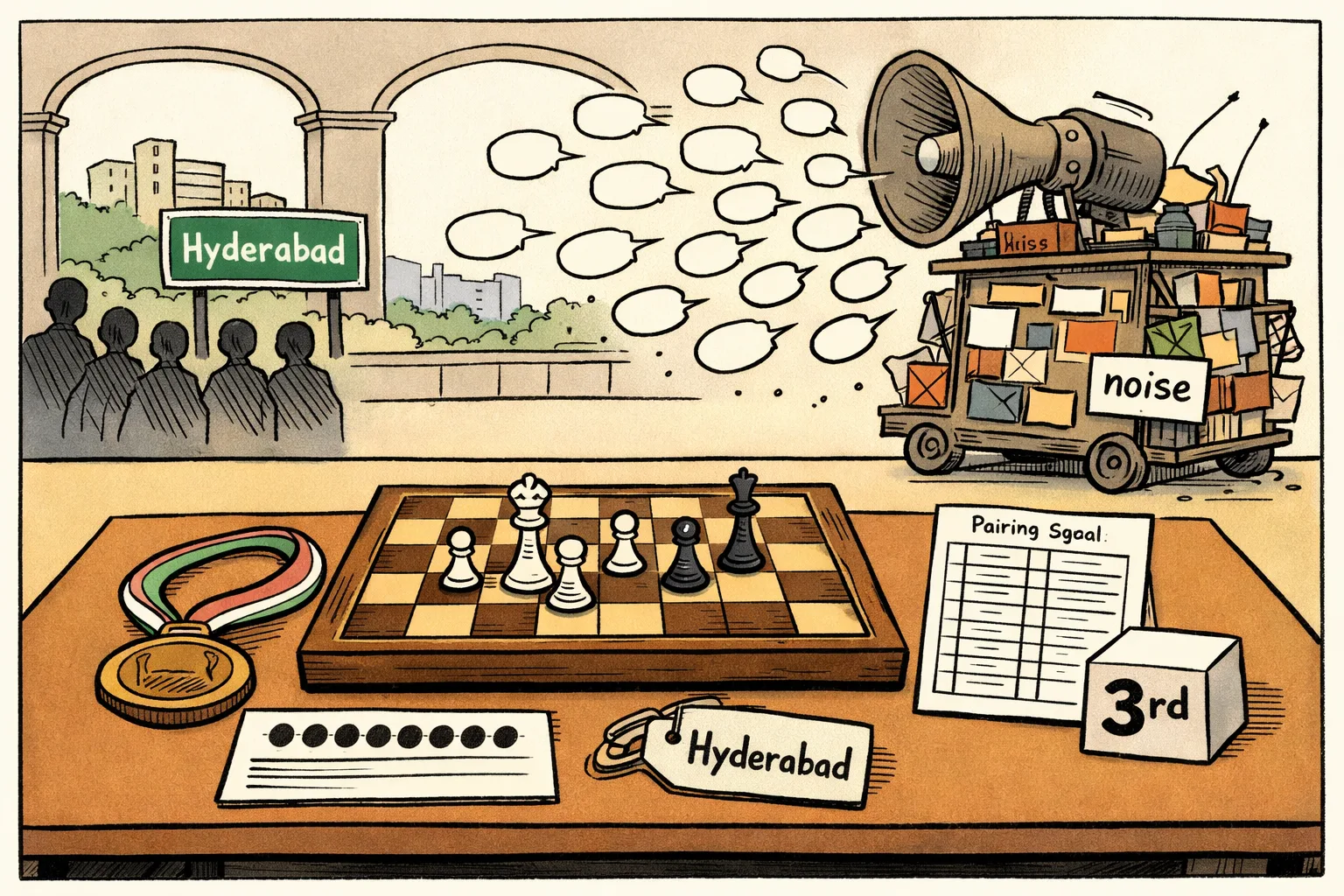 A Telangana chess grandmaster’s travel-worn chessboard sits beside a bronze medal and two tournament score sheets marked with wins and draws, while a distant loudspeaker labelled “noise” points at an empty podium.