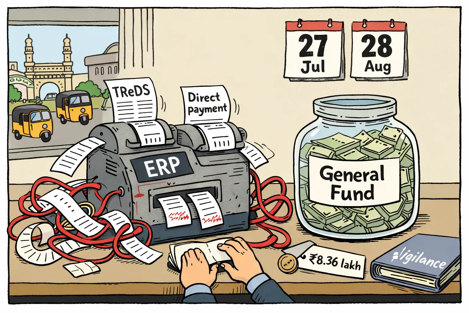 A cartoon GHMC payment machine sends duplicate invoices through TReDS and direct-payment belts, while a nearly full General Fund jar sits beside a small pending demand-draft envelope and a vigilance file.