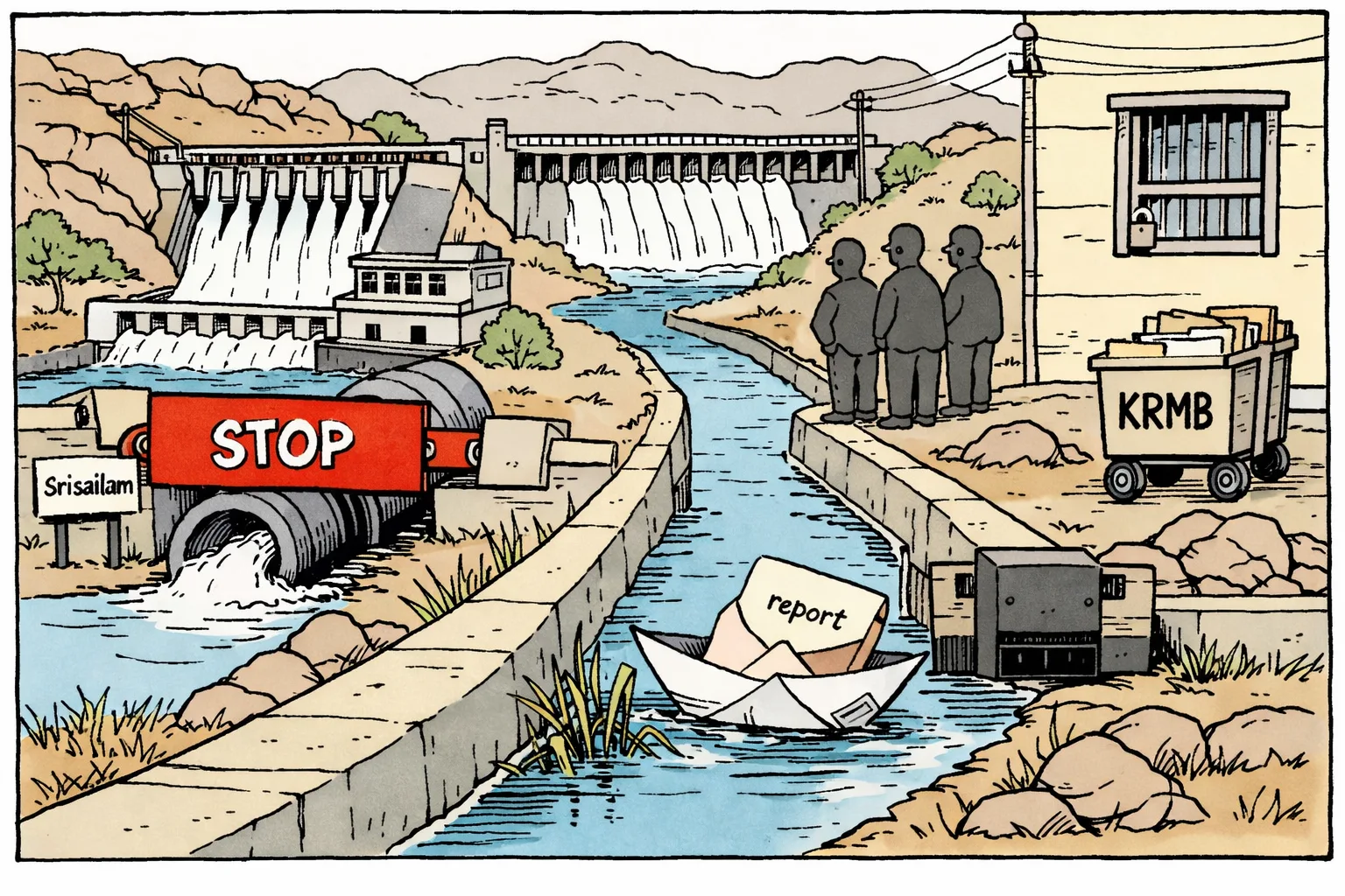 A cartoon shows a stop barrier at Srisailam dam while a sealed report in a paper boat drifts slowly along a canal toward Nagarjuna Sagar.