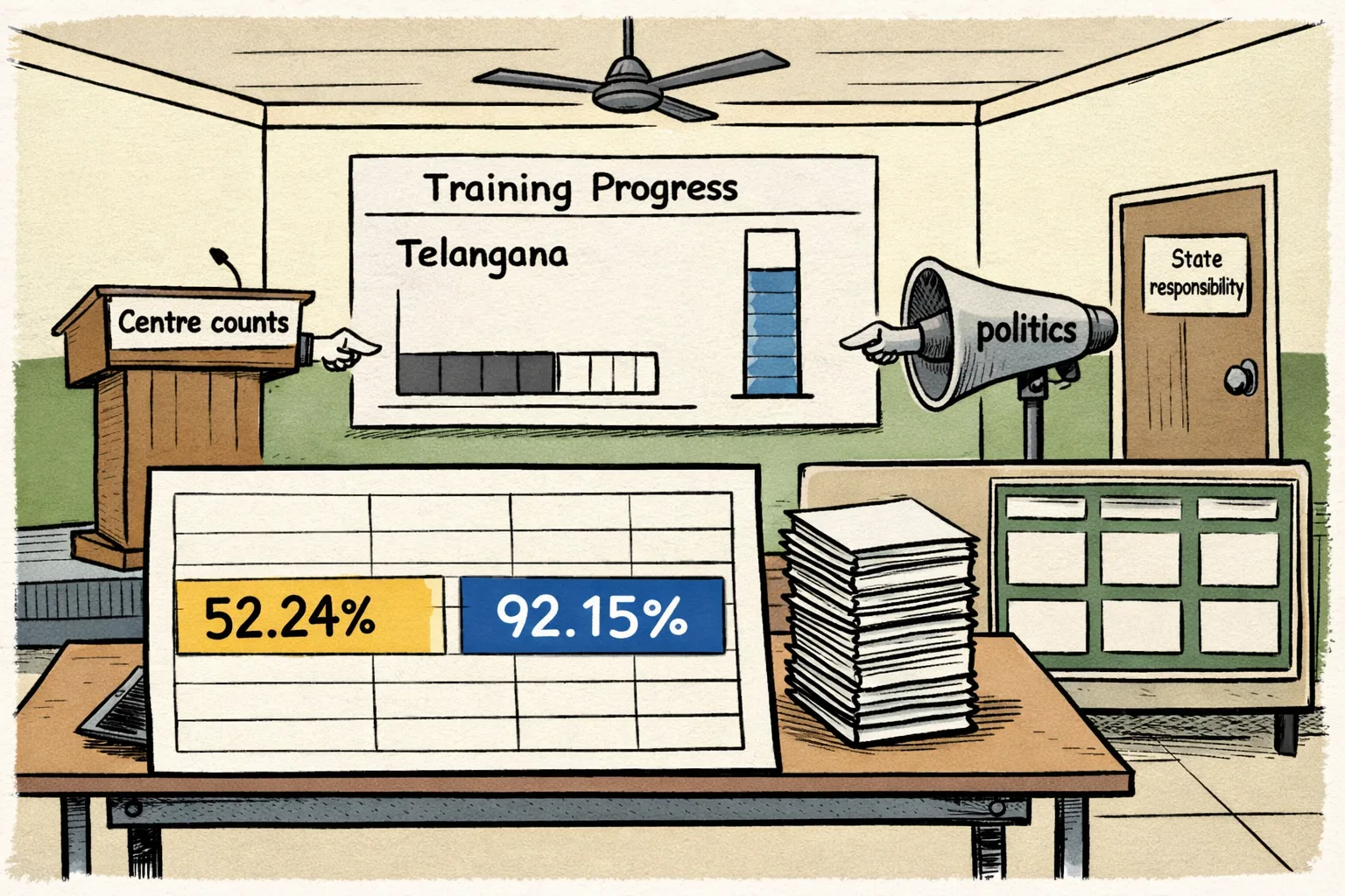 A Telangana Police training classroom sits beneath a huge government spreadsheet showing 52.24 percent, while a Delhi lectern and a Congress loudspeaker point fingers from opposite sides; a stack of unfinished training files remains on the desks.
