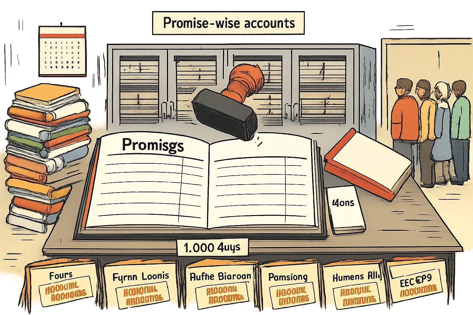 A Telangana government-office records room contains a giant open promises ledger with its marks column missing, surrounded by announcement papers, a charge-sheet and closed files for fees, farm loans, pensions and aid.