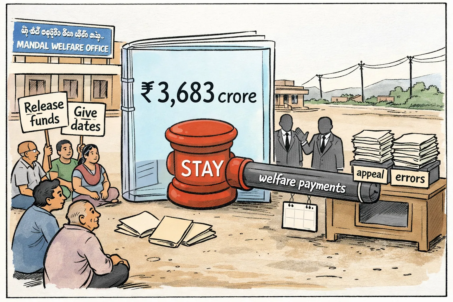 A large welfare file marked ₹3,683 crore is blocked by a courtroom pause button, while a payment pipe remains closed outside a Telangana welfare office and protesters hold brief release-funds signs.
