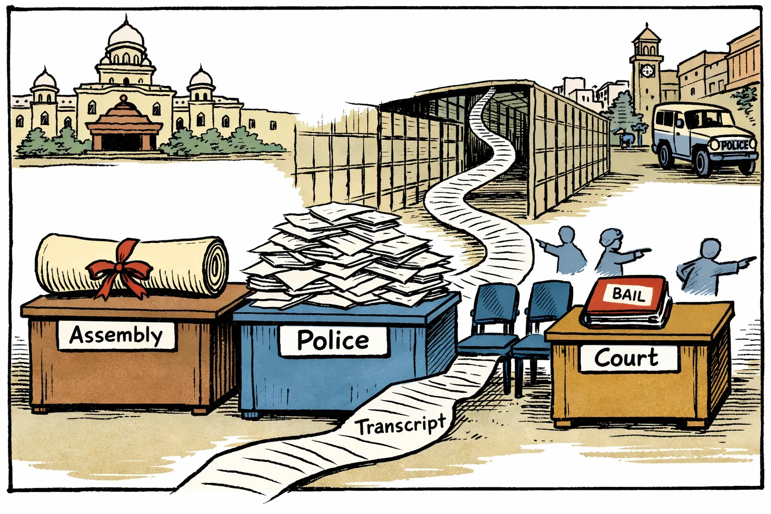 A cartoon shows oversized Assembly, Police and Court desks holding a resolution, arrest papers and a bail file, while a very long document labelled Transcript disappears down a records corridor.
