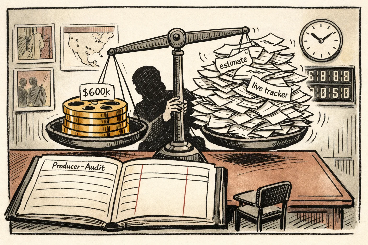 A cinema trade desk weighs a gold film reel marked $600k against fluttering estimate slips, beside an empty audited ledger and chair.