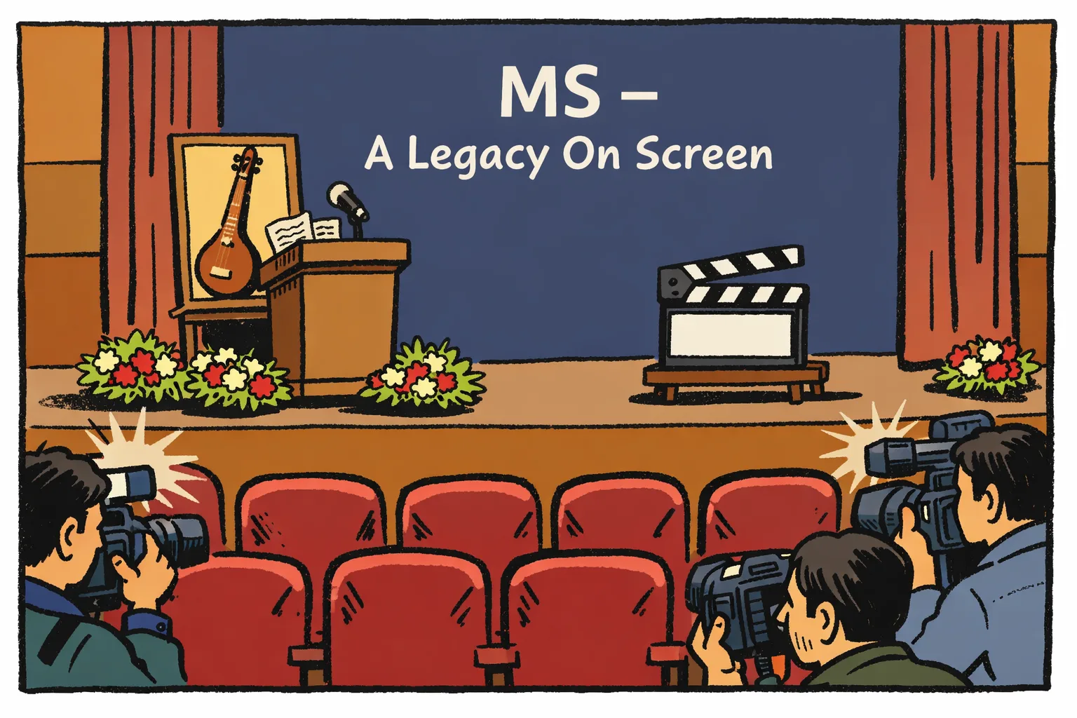 A staged film announcement at Chennai’s Music Academy with a title backdrop, microphone, tanpura, music sheets, cameras and an empty release-date space.