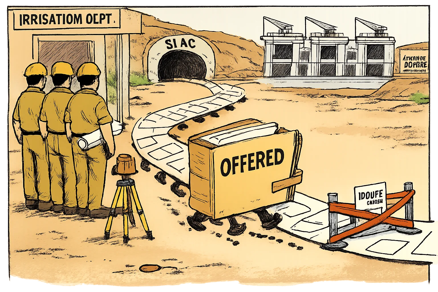 Three unidentifiable engineers wait beside Telangana irrigation project plans as a giant file marked “OFFERED” marches along a paper trail toward an SLBC tunnel and three barrage structures.