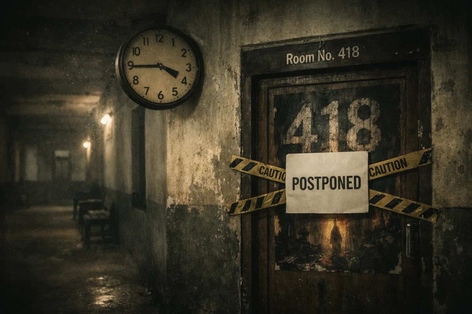 An empty dim corridor in an old medical-college building ends at a sealed door marked Room 418, with a covered film poster and a paper postponement notice nearby.
