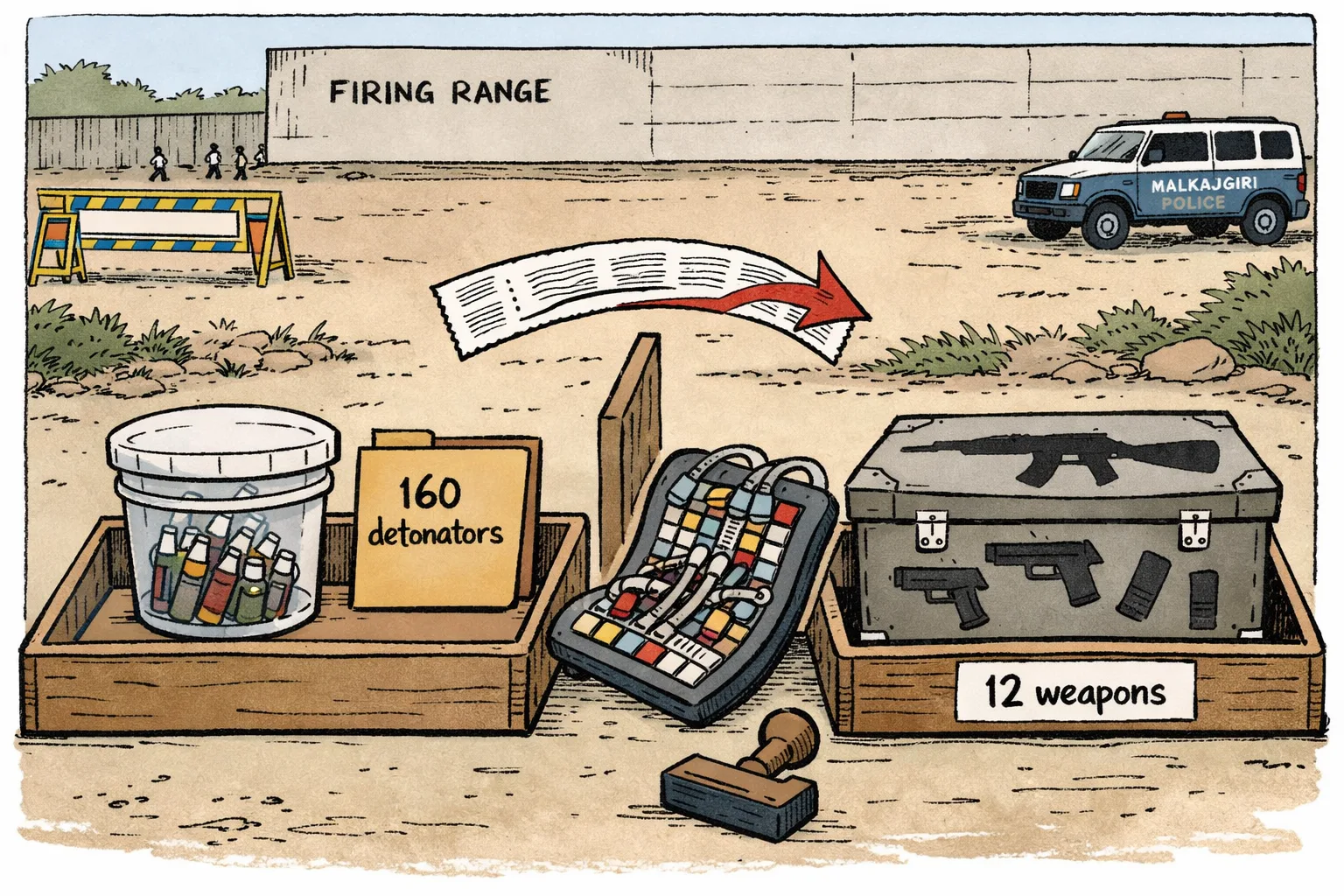A cartoon outside a Secunderabad firing-range wall shows two separated evidence trays: one with a bucket and bundles of detonators labelled “160 detonators”, the other with a locked trunk and weapon silhouettes labelled “12 weapons”; a tangled calculator sits between them.