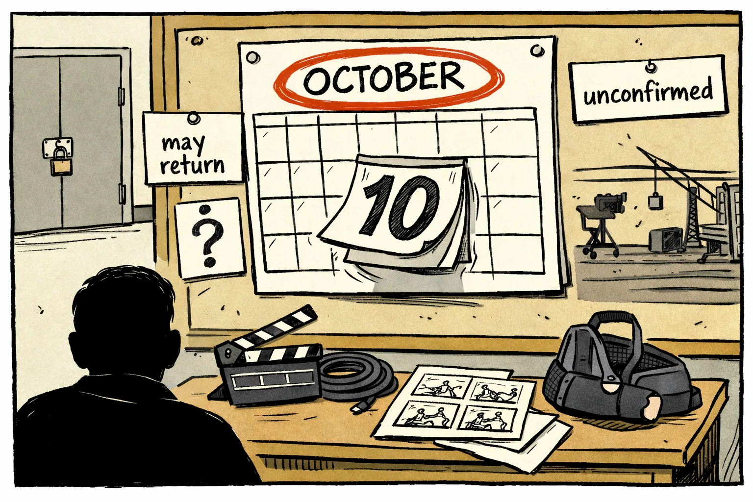 A wall calendar in a Mumbai film office shows October with the 10th on a loose, wobbling flap, surrounded by rumour notes, while unused filming equipment and a shoulder sling sit below.