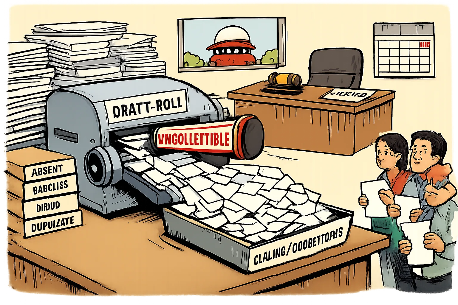 A giant draft electoral-roll machine pushes a large pile of blank voter-name cards into a claims tray beside an oversized uncollectible stamp, while a small Supreme Court window looks out from paperwork and citizens hold claim forms.