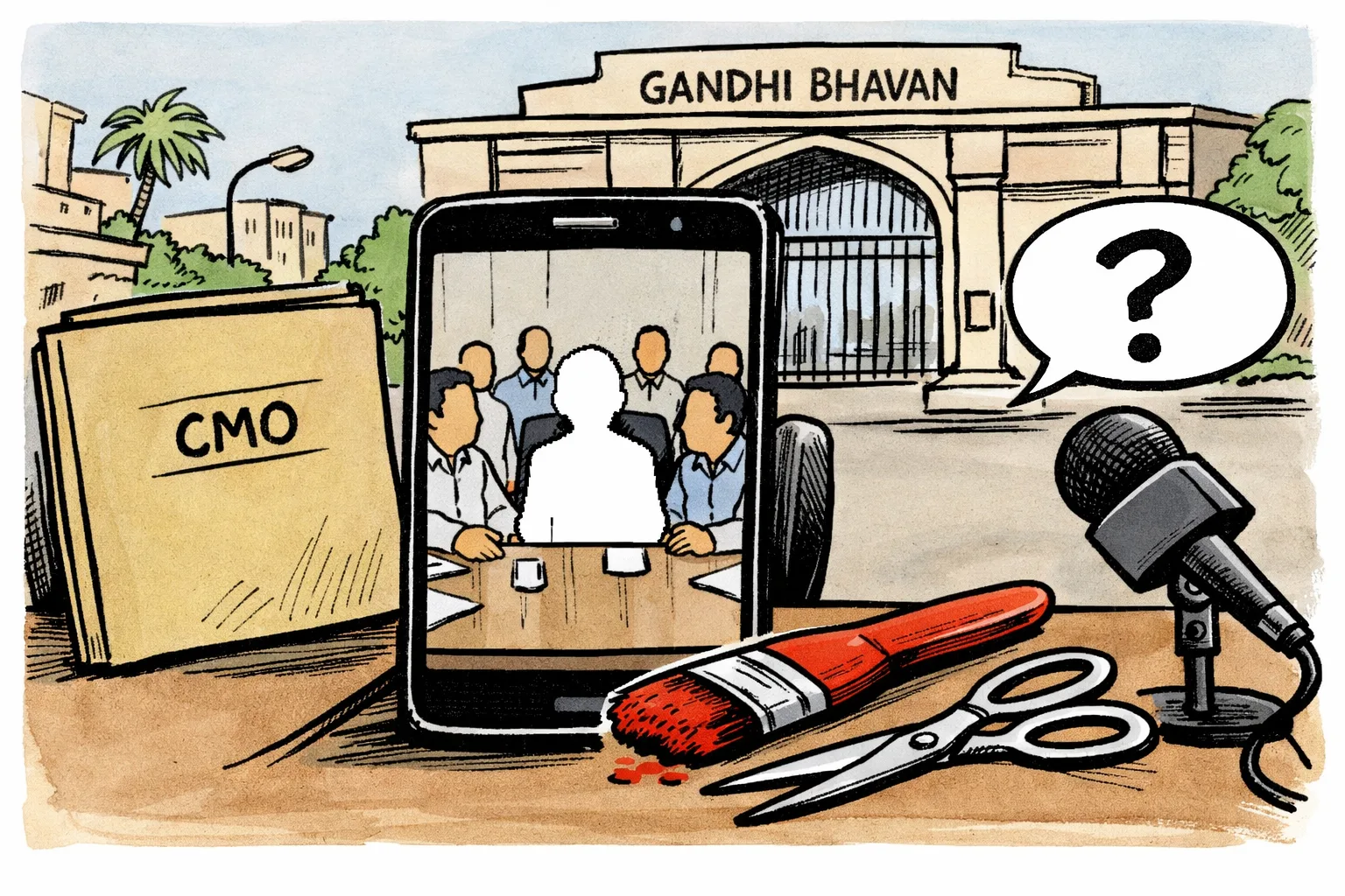 A smartphone shows a meeting photograph with one participant cut out, beside editing tools and a closed CMO file outside a Hyderabad government building.