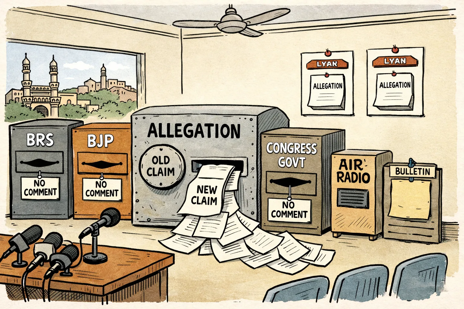 A cartoon Hyderabad press room shows an allegation machine turning an old claim into new blank sheets while filing cabinets marked BRS, BJP and Congress government display no-comment signs.