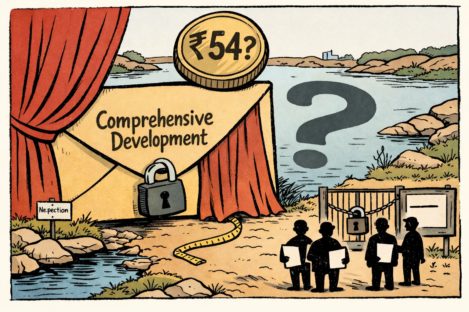 A sealed tender envelope labelled “Comprehensive Development” stands beside Ameenpur Lake beneath a question-mark-shaped shadow, with a doubtful rupee coin marked “54 cr?” above it.