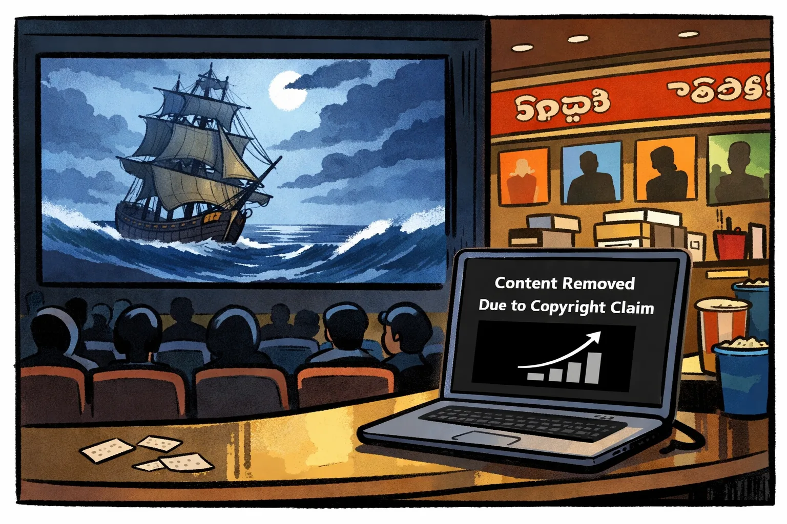 A crowded cinema screen showing a sailing ship continues to draw ticket-buyers while a small laptop beside it displays a removed video notice and a rapidly rising view counter.