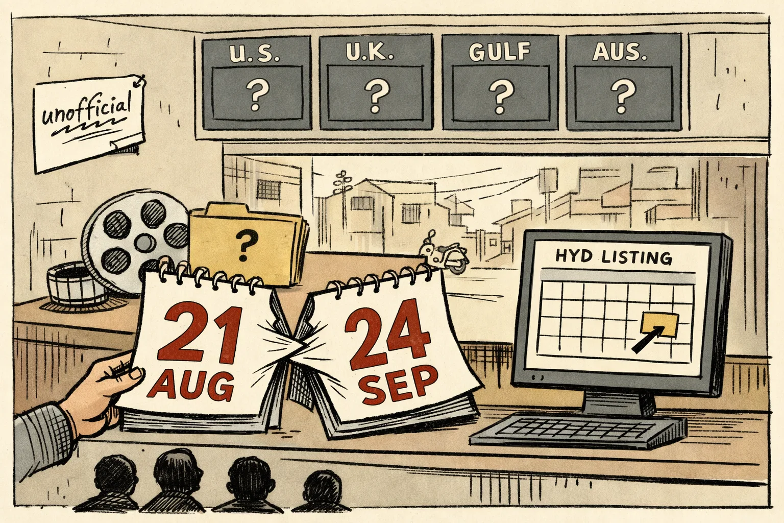 A split calendar shows 21 August on one side and 24 September on the other, while an online ticketing screen displays an unconfirmed release date and overseas cinema screens remain blank.