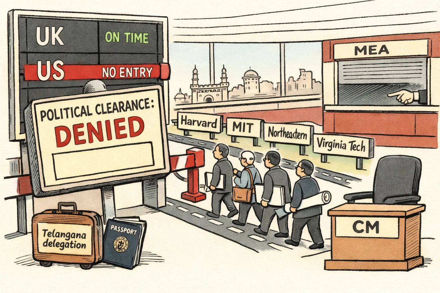 An editorial cartoon shows a Telangana delegation and university signs continuing past a blank political-clearance barrier toward the US, while a separate UK route is approved and an empty chair marked CM remains behind.