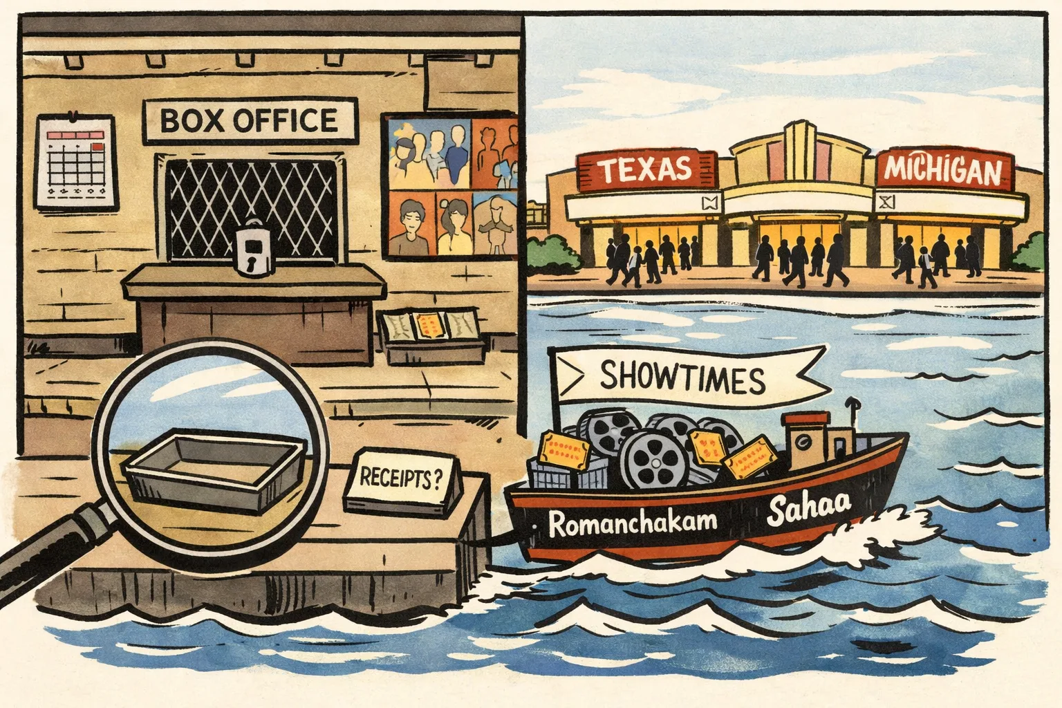 A boat carrying two Telugu film titles sails toward an American multiplex while an empty receipt tray sits at a locked cinema counter on the Telangana shore.