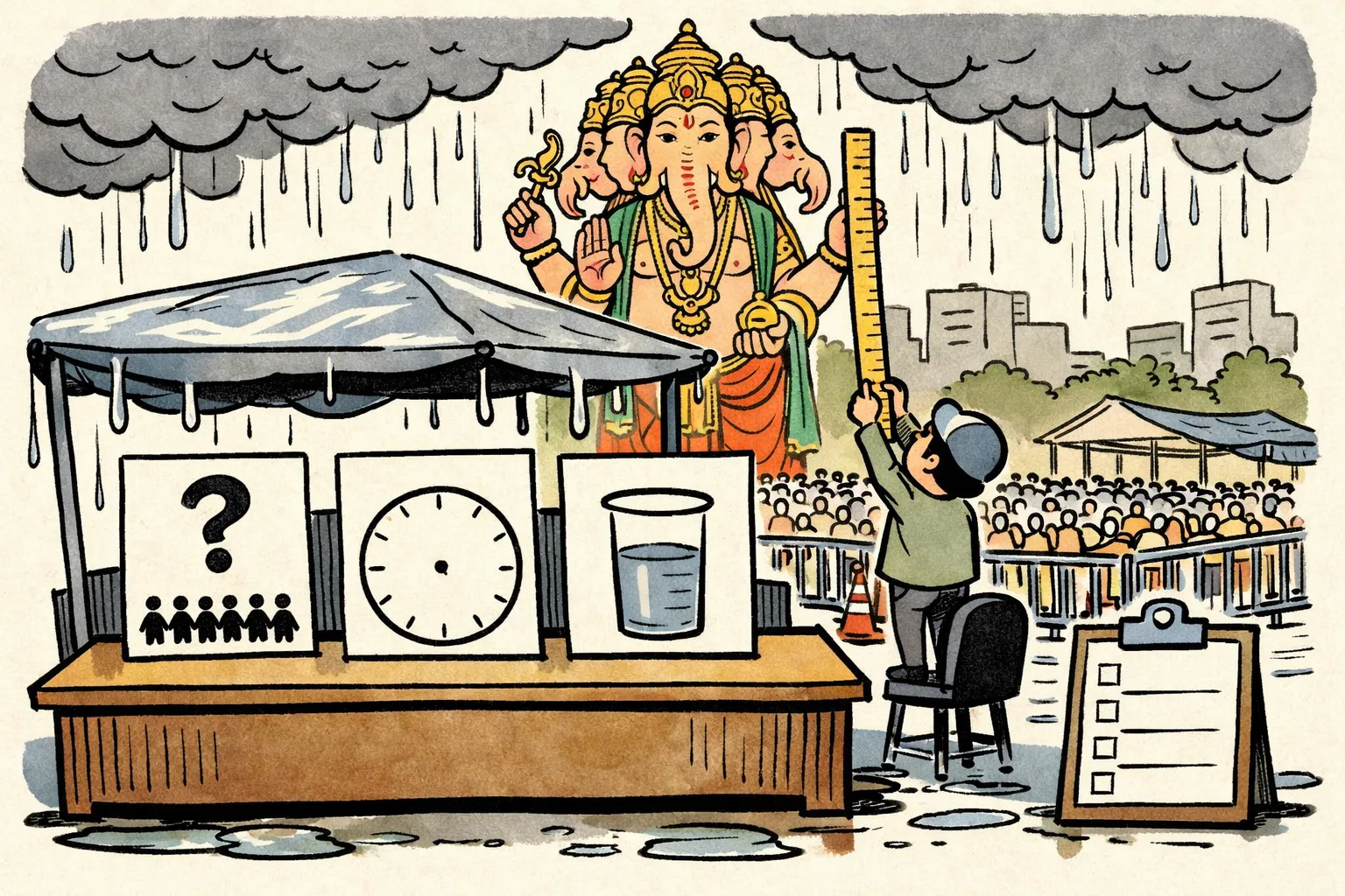 A giant Ganesh idol rises behind a queued crowd as rain falls; in the foreground, an official at a desk examines blank forms, a question-mark crowd counter, a handless clock and an empty rain gauge.