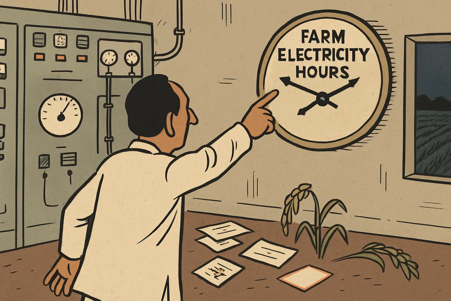 A politician gestures emphatically at a broken clock inside a power substation control room, while scattered papers and wilted crop imagery surround him. A darkened farm field is visible through the window behind.