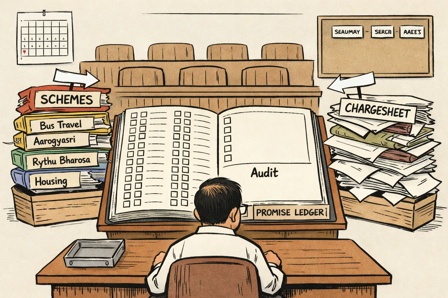 An enormous ledger with 420 empty checkboxes sits between piles labelled schemes and chargesheet in a Telangana Assembly records room, while an unidentifiable reader waits with an empty receipt tray.