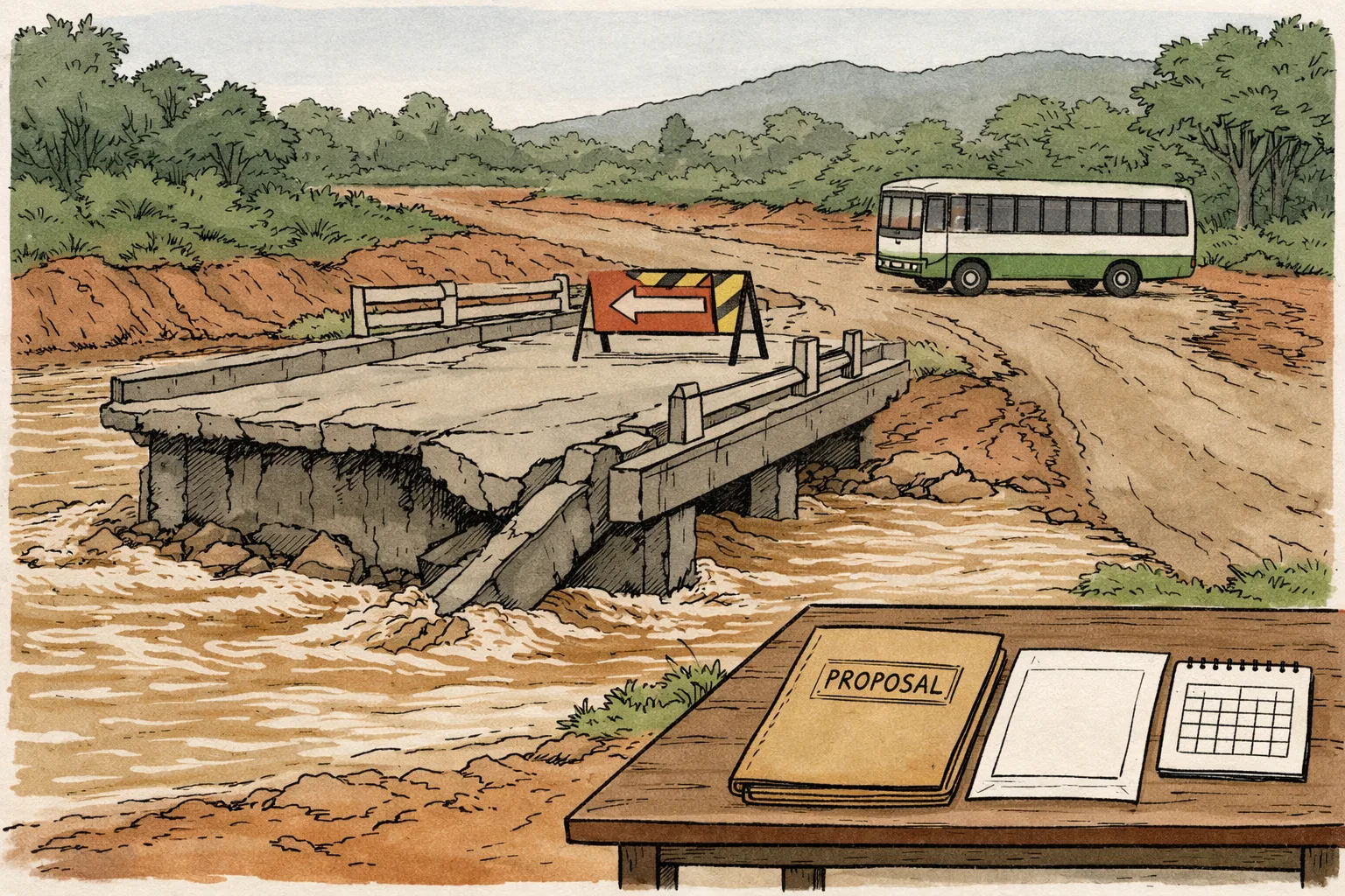 A partially collapsed concrete bridge over a swollen stream on a wet rural Telangana road, with barricades diverting traffic and a file marked “PROPOSAL” on a roadside table.
