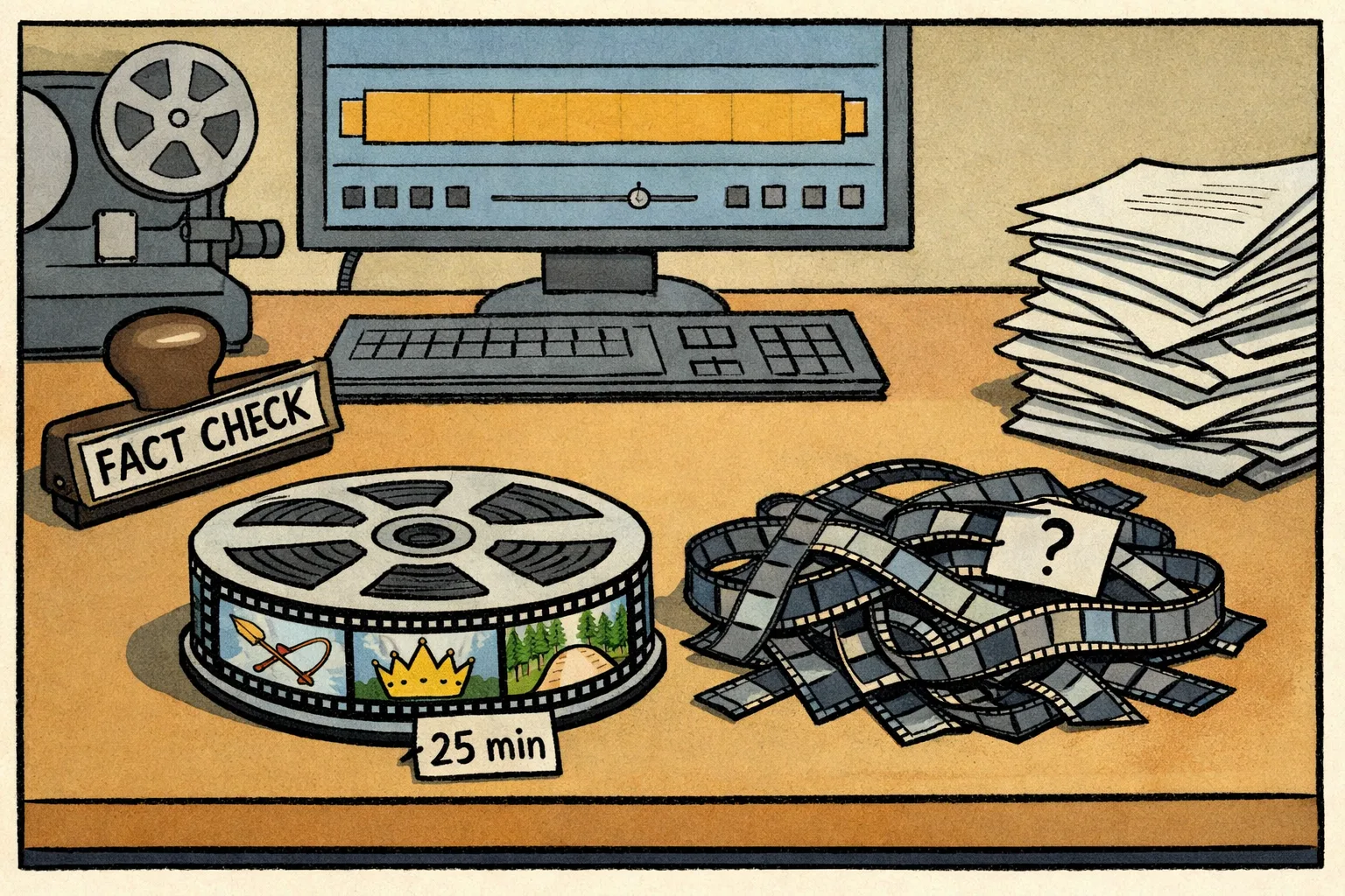 A film reel marked 25 minutes holds several neatly assembled story pieces, while loose film strips and unverified printouts sprawl across a newsroom desk.