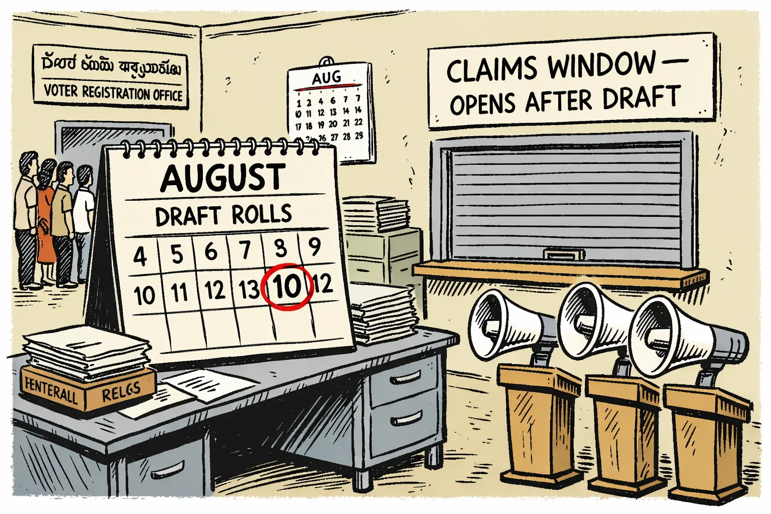 A large desk calendar in a Telangana government office shows August 10 circled, while party megaphones sit outside a closed counter marked for claims and objections; forms and voter-roll files are stacked beside it.