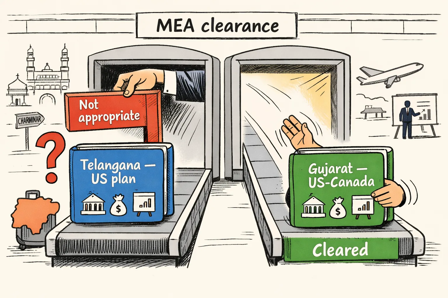 Two labelled state travel folders approach an MEA clearance gate; the Telangana US plan is stopped by a red barrier and a question mark while the Gujarat US-Canada folder passes through an open lane.