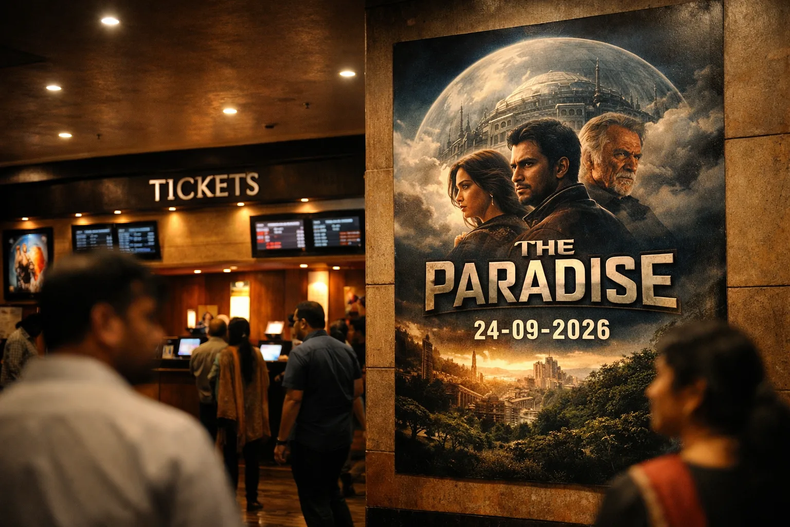 A cinema foyer displays a large promotional poster for The Paradise with a September 24 release date.