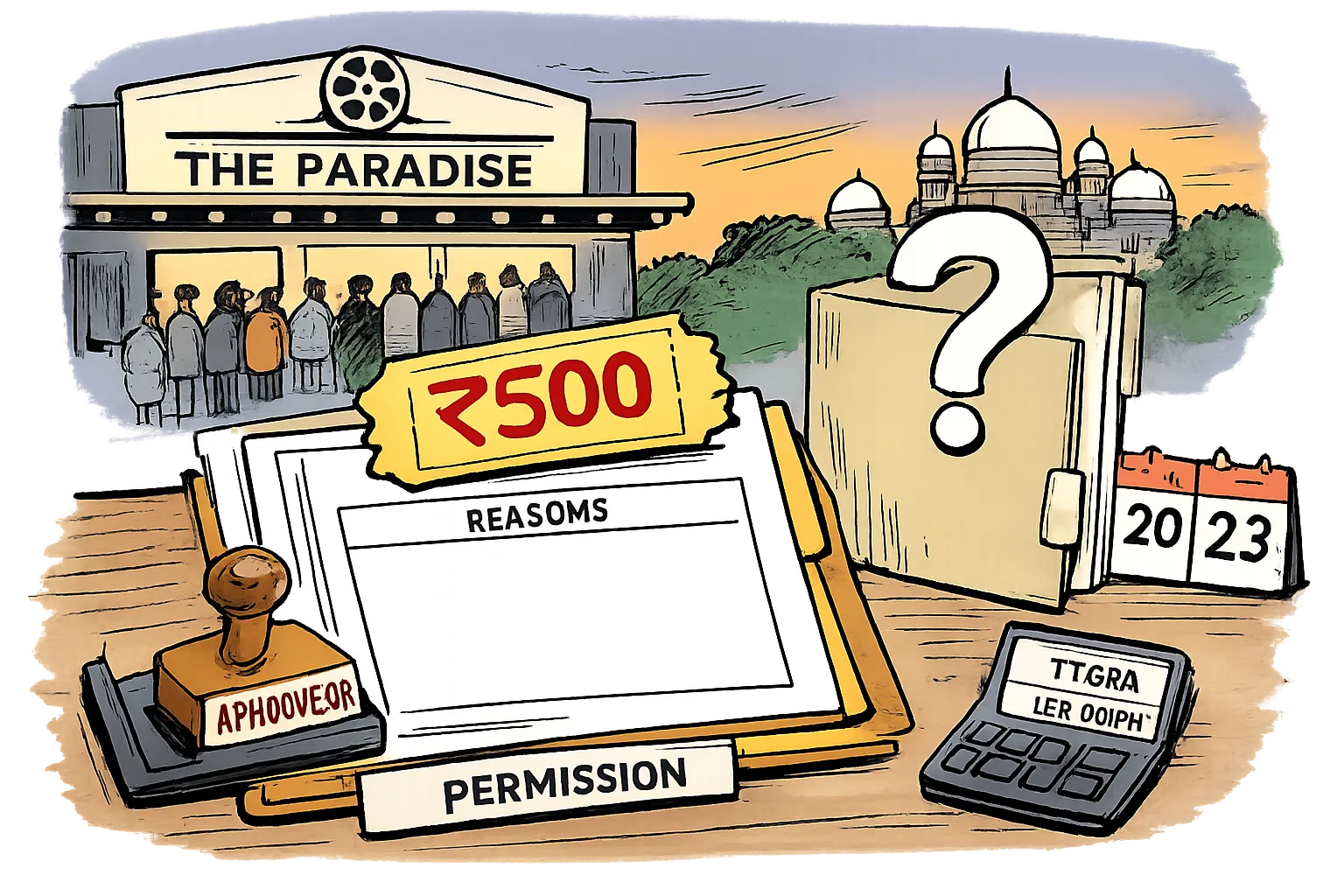 An oversized ₹500 cinema ticket rests on an approved government file whose blank page is labelled reasons, beside a calendar showing September 20 and September 23 and a second file marked by a question mark.