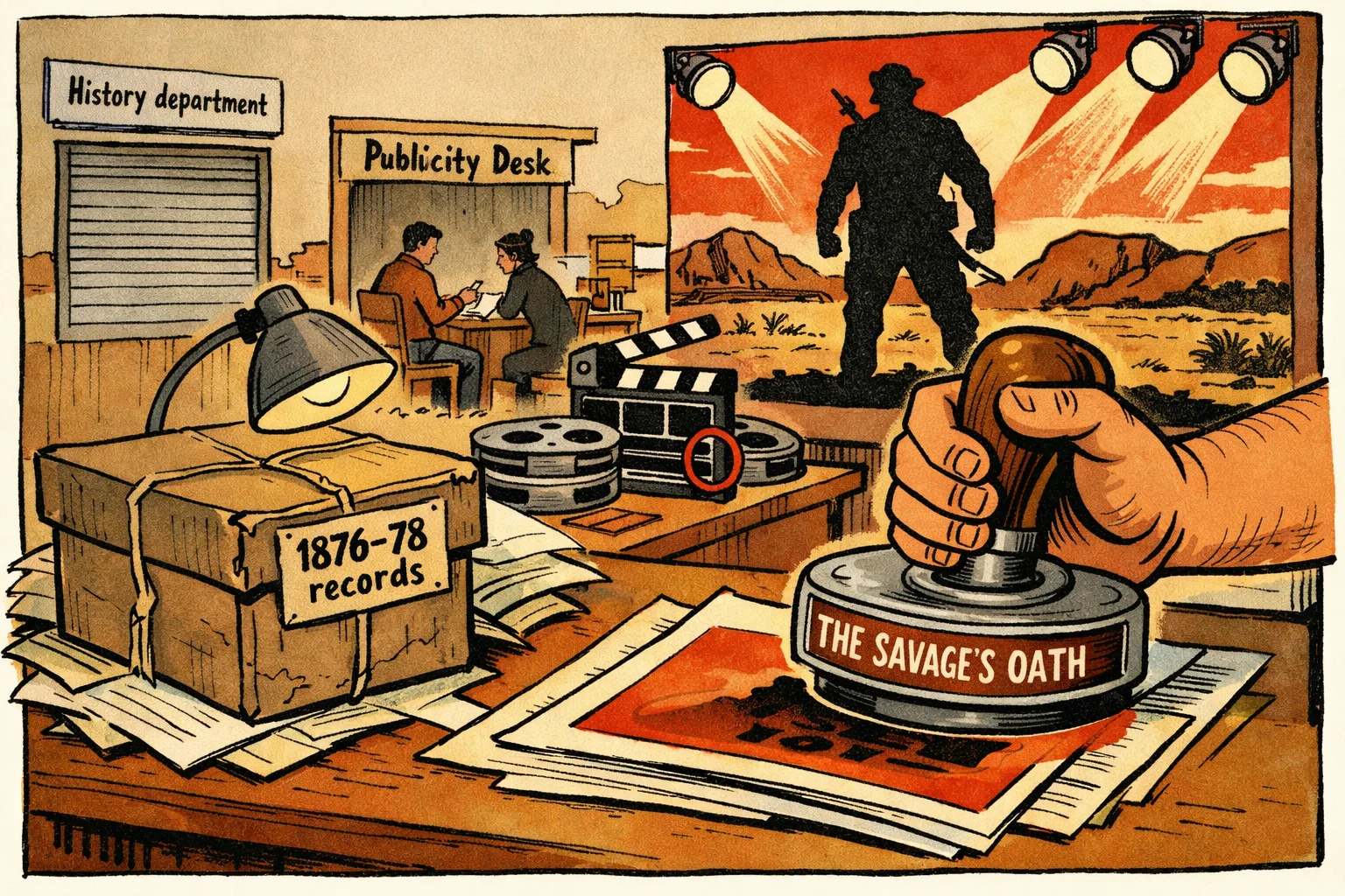 A dusty archive box marked 1876–78 records sits unopened beside a brightly lit period-film publicity desk and a large marketing stamp reading The Savage’s Oath.
